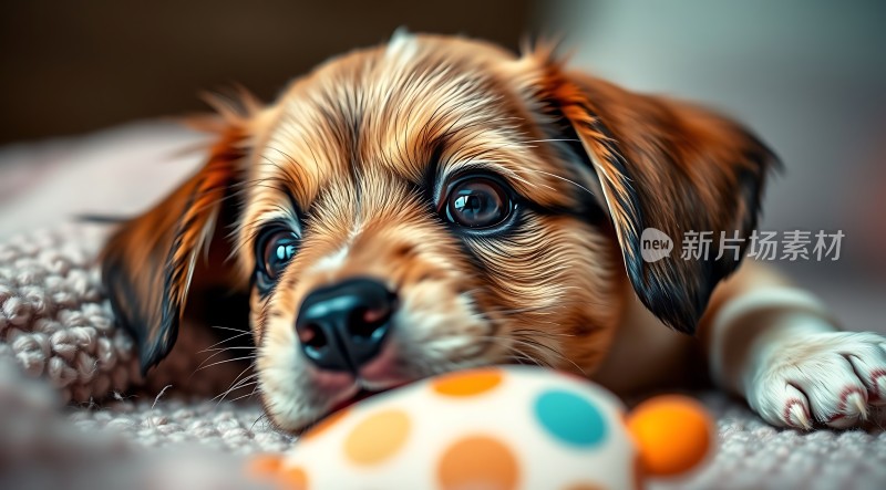 小狗与彩色玩具互动展现可爱瞬间
