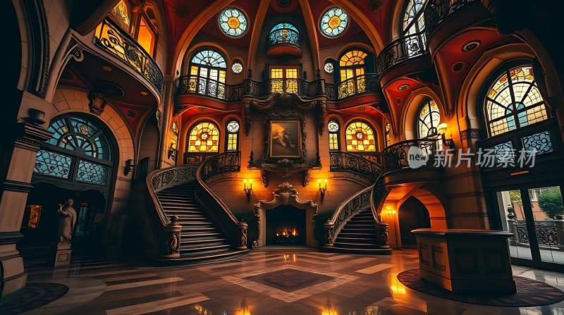 宏伟宫殿内部双螺旋楼梯与彩色玻璃窗