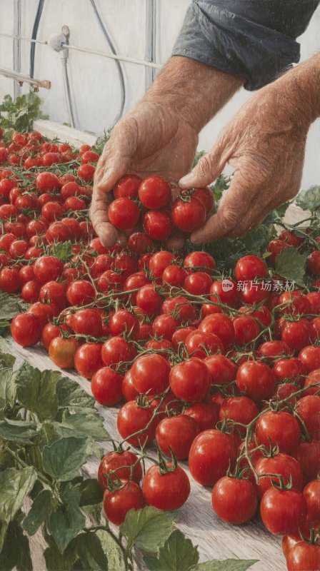 双手采摘新鲜番茄画面