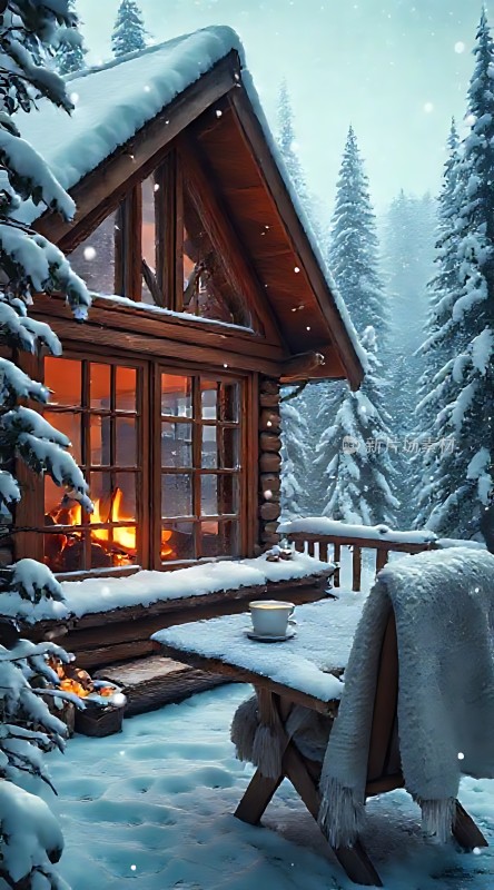 雪夜小木屋温馨 fireplace