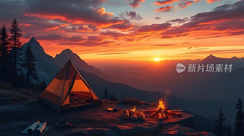 日落下的露营篝火与帐篷