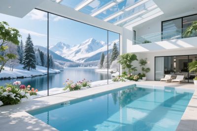 现代别墅湖景泳池效果图