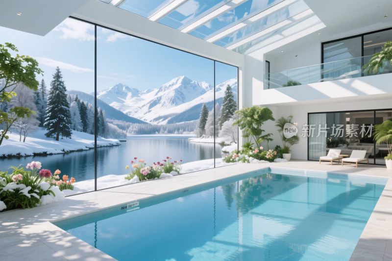 现代别墅湖景泳池效果图