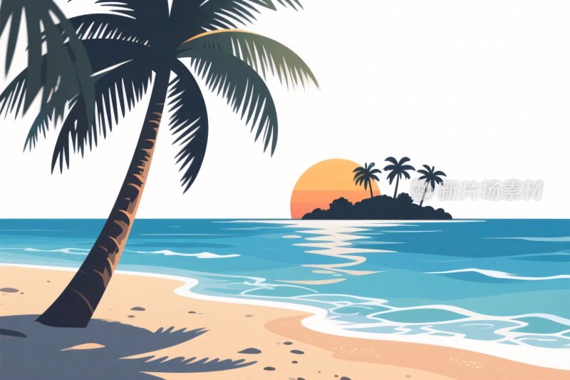 海边椰林夕阳风景插画