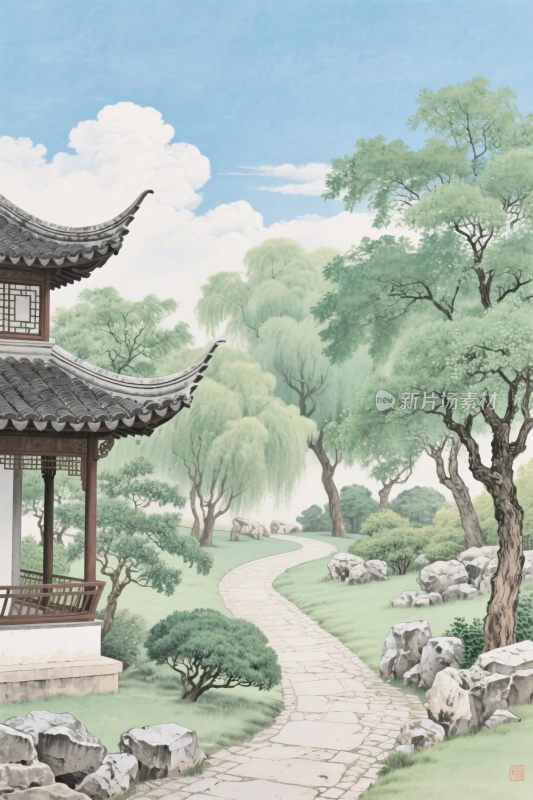 中式园林古风插画