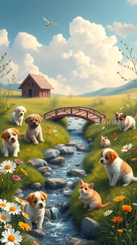 七只小狗小猫溪流草地小木屋