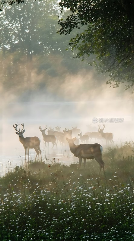 晨雾中的鹿群