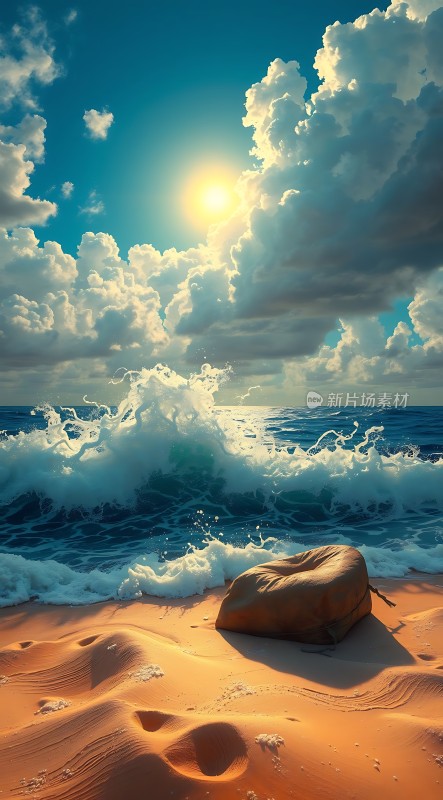 阳光下的沙滩椅与海浪