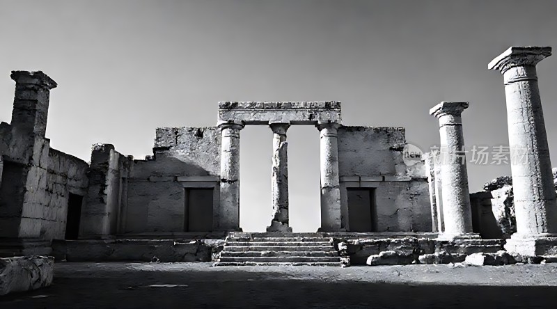 古建筑遗迹石柱与残垣断壁