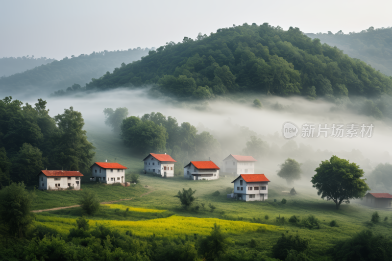 有雾山丘和房屋树木和山丘风光风景图片