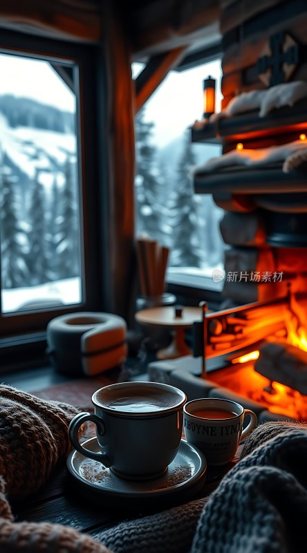 冬日暖炉旁的温馨咖啡时光