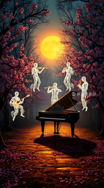 钢琴演奏者与樱花树下的梦幻交响曲