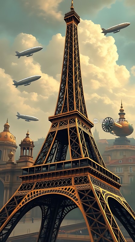 埃菲尔铁塔与飞艇巴黎的天空奇观