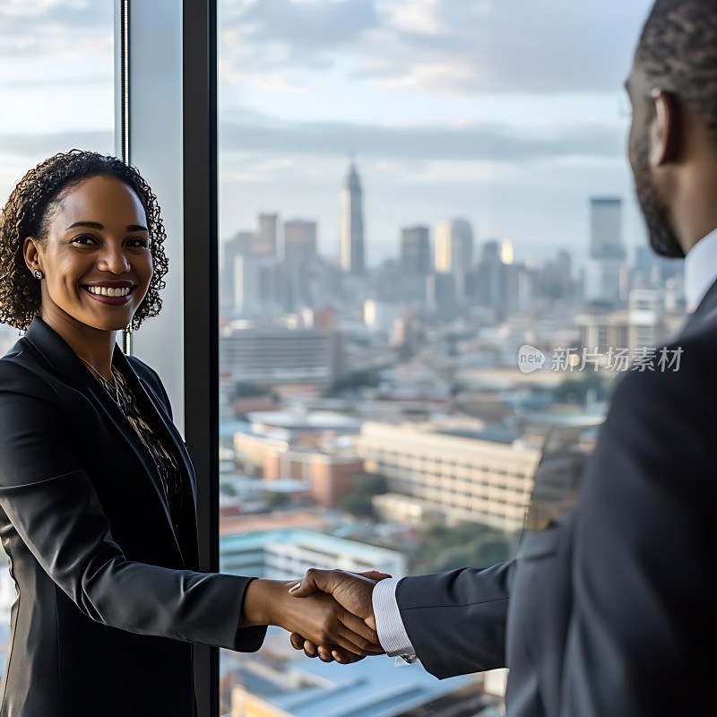 商务握手城市天际线背景下的合作瞬间