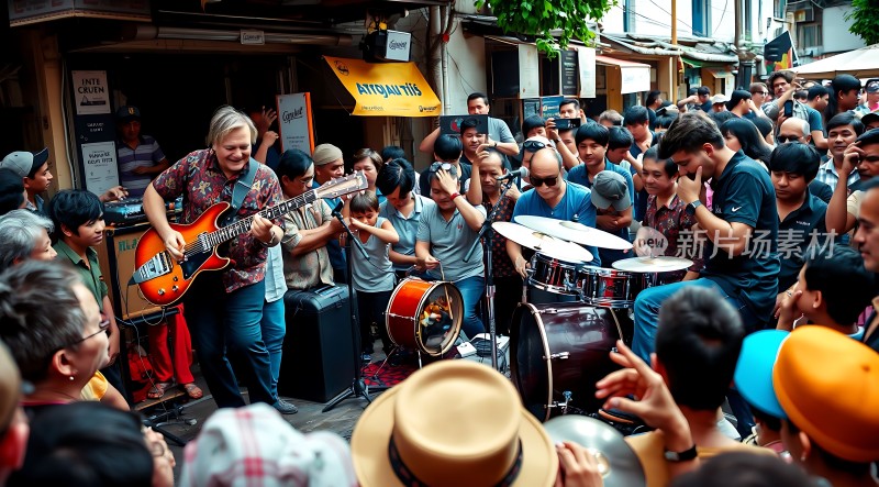 街头音乐家与热情观众互动表演