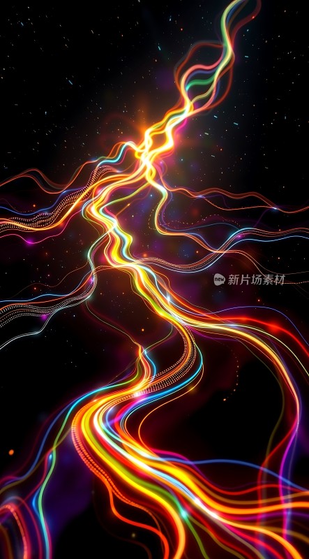 五彩斑斓的光线交织在黑暗背景中