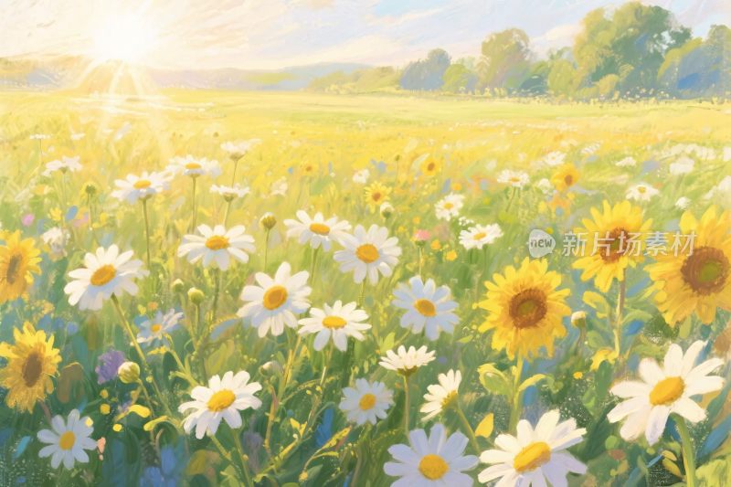 野花田园风景插画