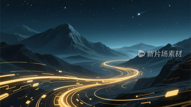 山间夜色下蜿蜒的发光道路