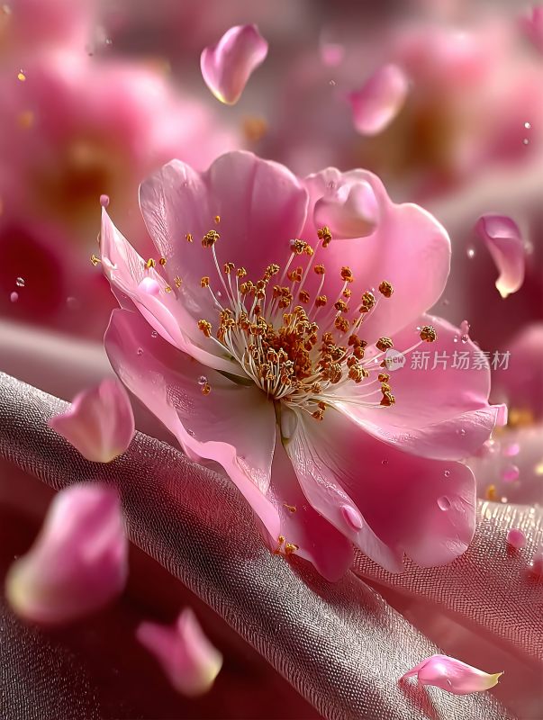 粉色花朵与飘落花瓣的唯美画面