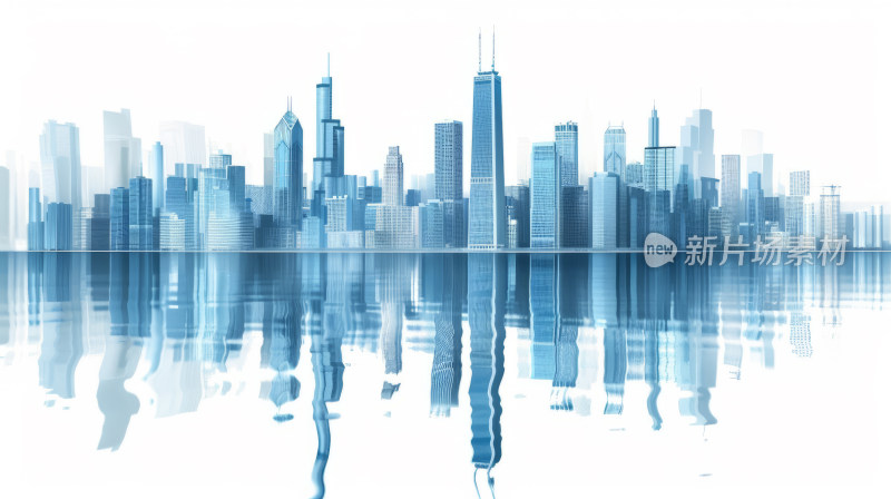 蓝白色调中的虚拟城市倒影景观