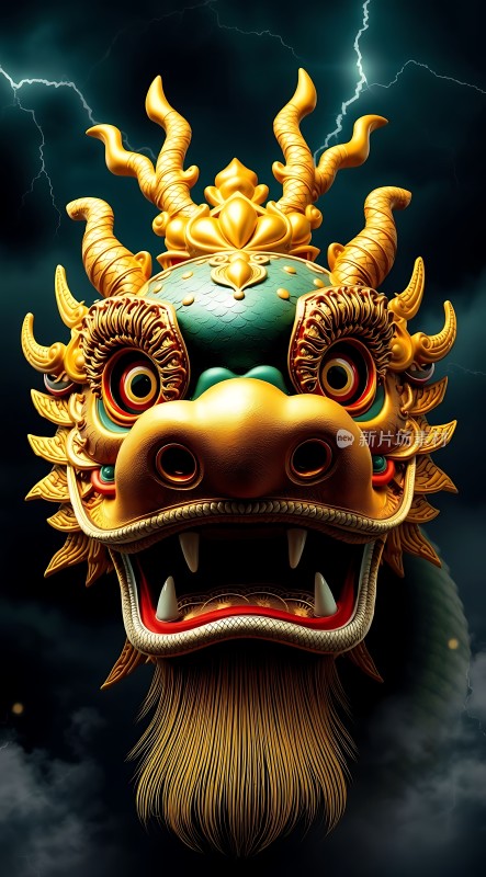 金光闪闪的龙面具威风凛凛背景是乌云密布的天空和闪电