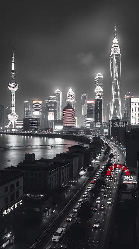 上海夜景黄浦江畔繁华都市