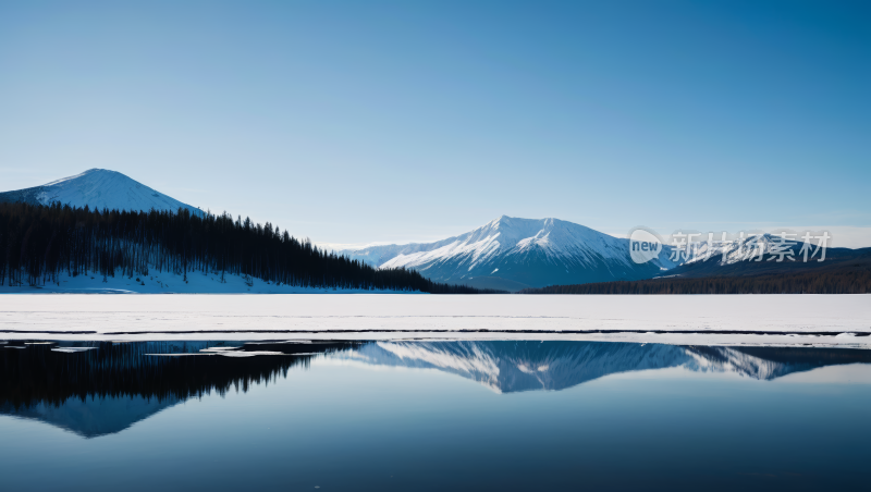 山倒映在湖中地面上有雪高清图片