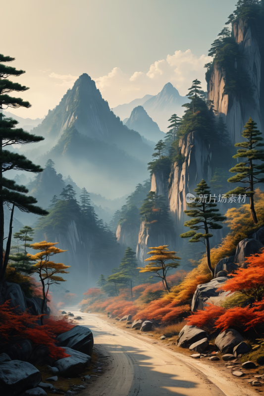 前景为树木和灌木丛山路高清风景插图片