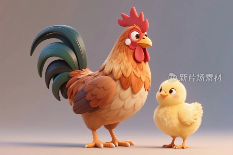 卡通公鸡与小鸡插画