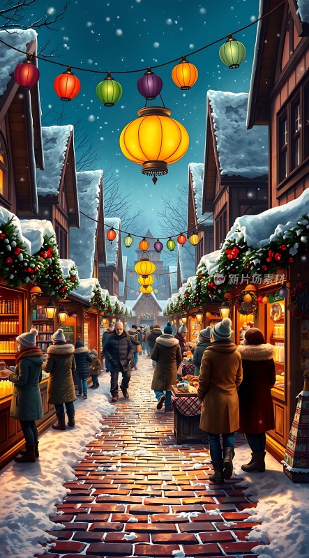 冬日集市夜市灯笼雪景温馨