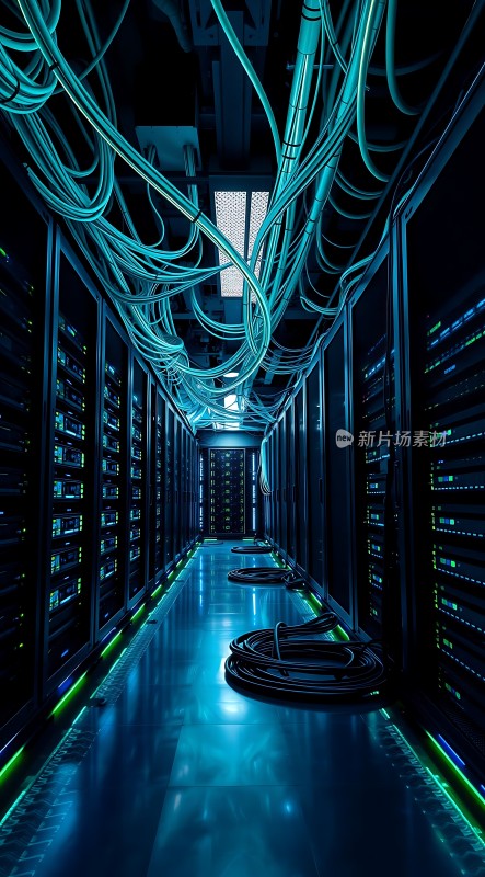 数据中心内部服务器、电缆和灯光的结合
