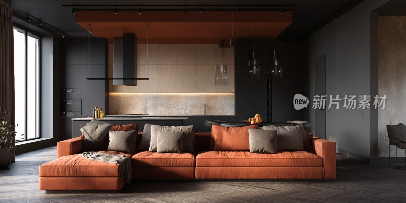 现代简约风橙色沙发客厅场景
