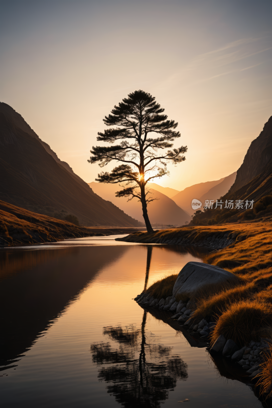 湖中央的树一座高山清风景图片