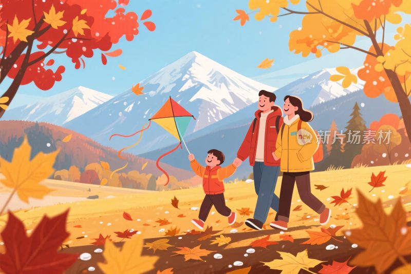 秋季家庭放风筝场景