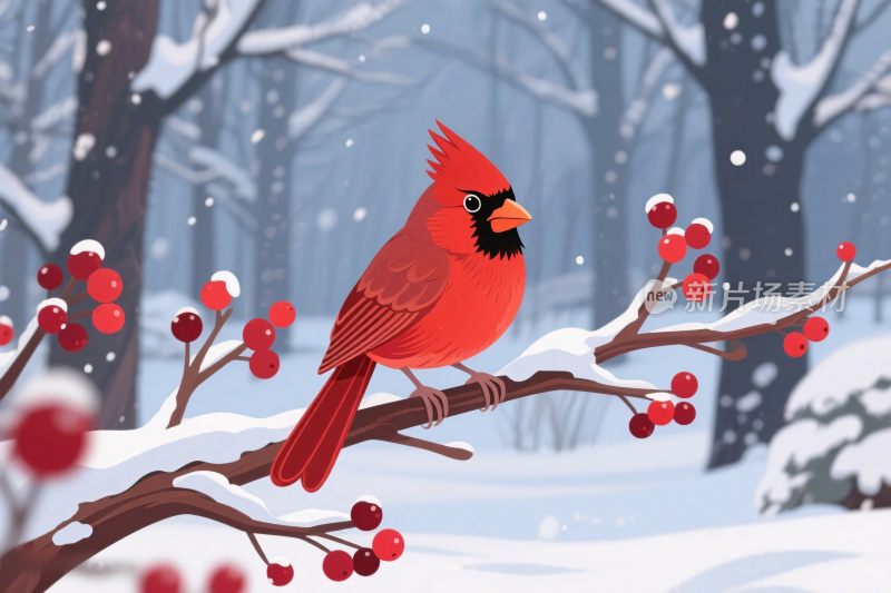 冬季雪景红雀插画