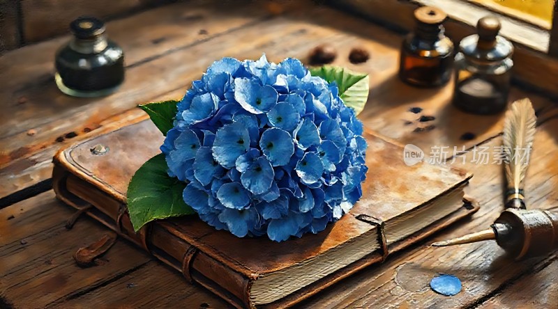 蓝色绣球花与古旧书籍