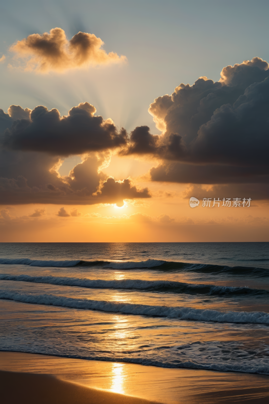 日落时分海滩上散步阳光透过云彩照耀风景