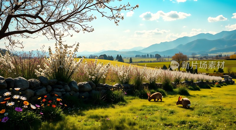 春日田园风光两只兔子在花丛中嬉戏