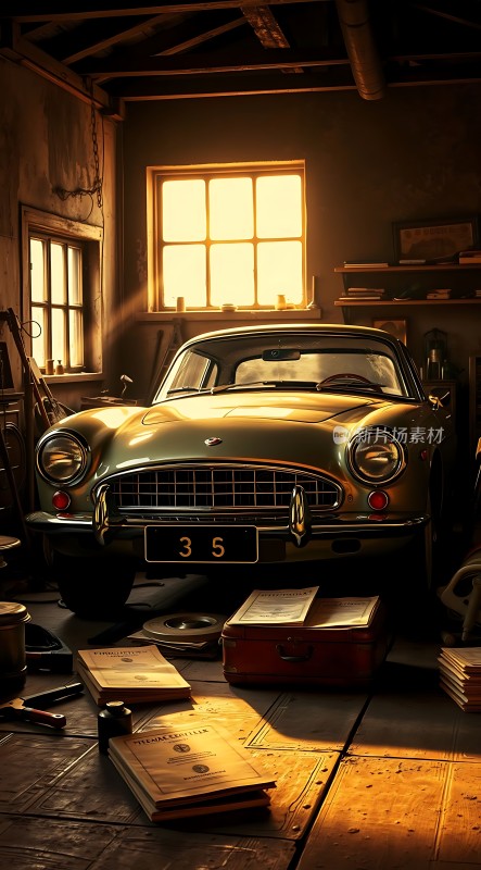 阳光下的经典汽车与复古车库