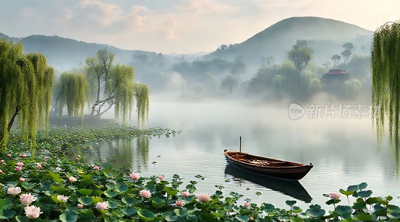 湖畔轻舟映绿波