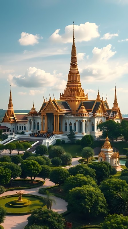 金碧辉煌宫殿绿意盎然园林蓝天白云映衬下的壮丽景象