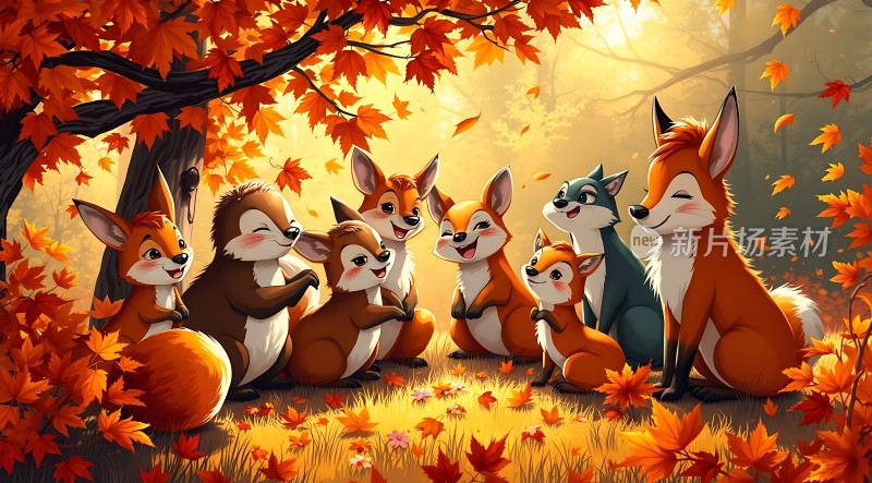 秋日森林里的欢乐小狐狸们