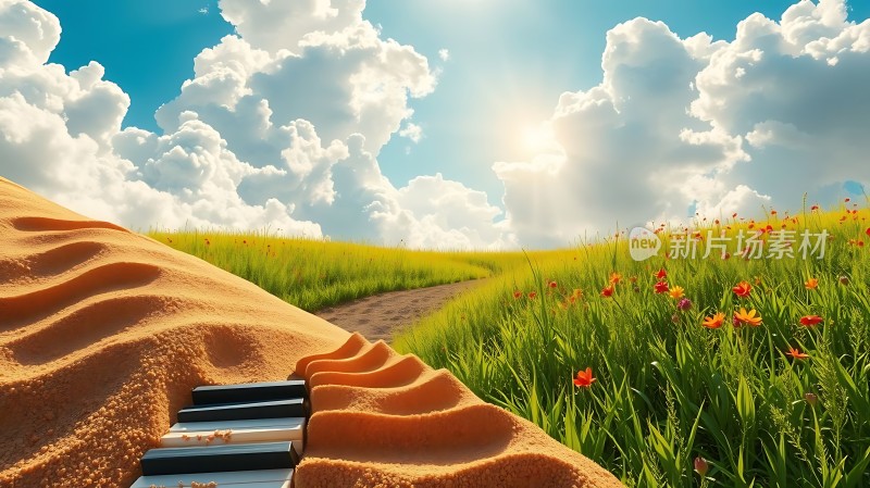 钢琴键上的沙丘与花海