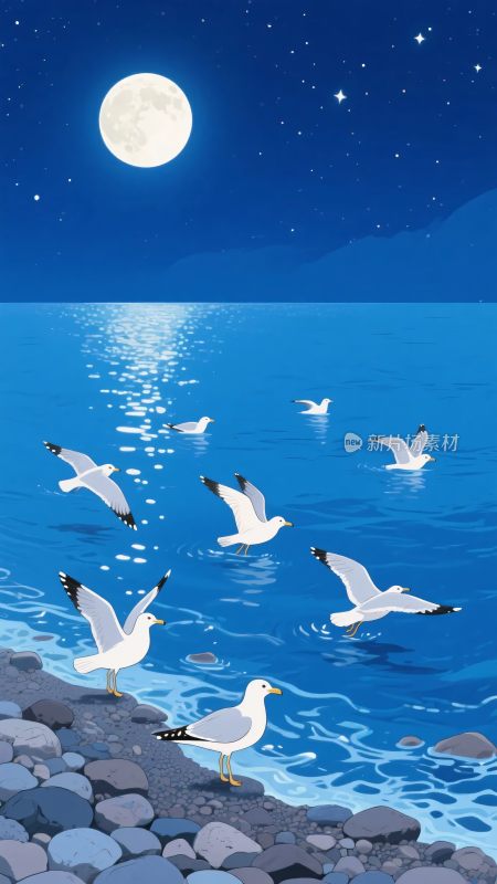 月夜海边的飞翔海鸥