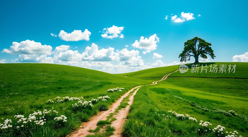 蓝天白云下的绿色草地与白色小花