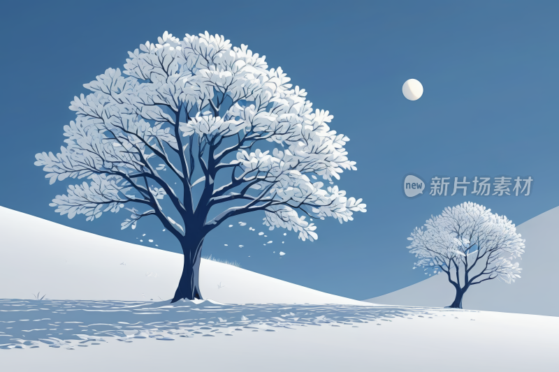 雪中有两棵树天上有月亮高清插图片