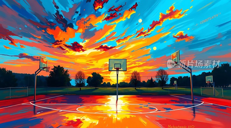 日落下的篮球场