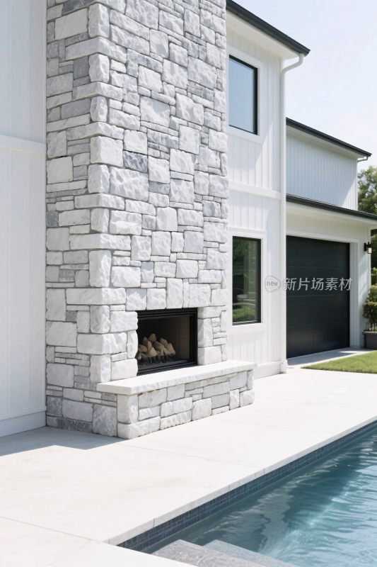 现代住宅石材壁炉与泳池