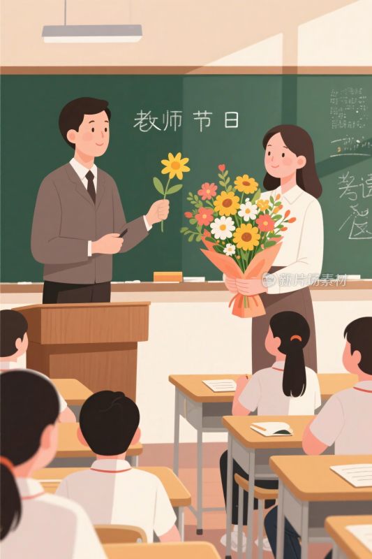 教师节课堂赠花插画