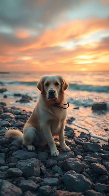 日落下的海滩上的狗狗